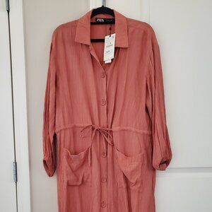 ZARA Terra Cotta Shirt Dress Size Large NWT – Button Front, Tie Waist, Pockets